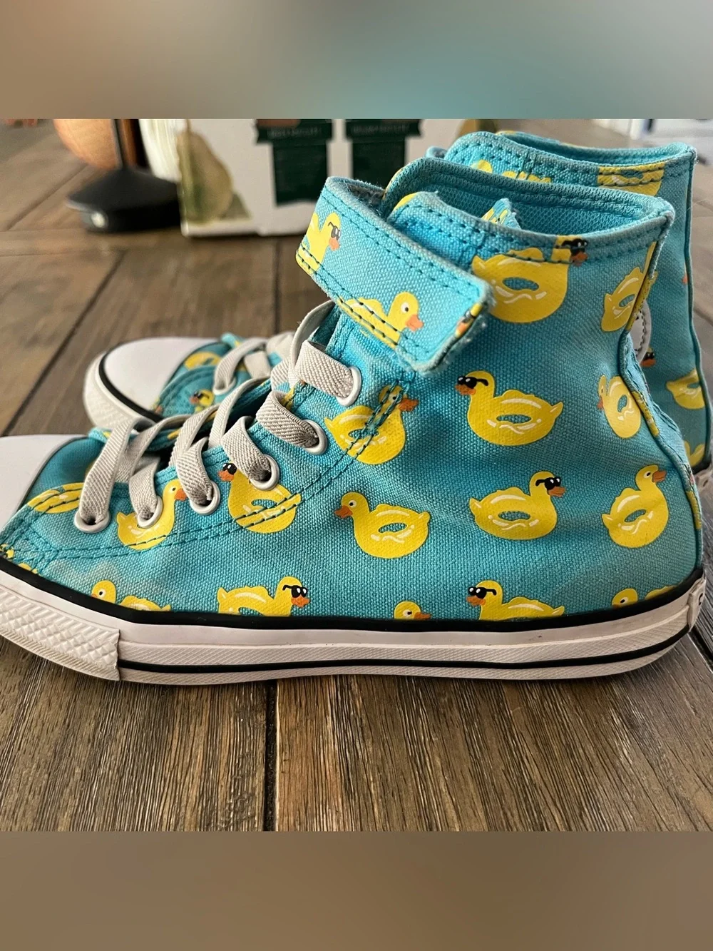 Converse Kids Youth High-Top Canvas Sneakers in Teal with Yellow Duck Print